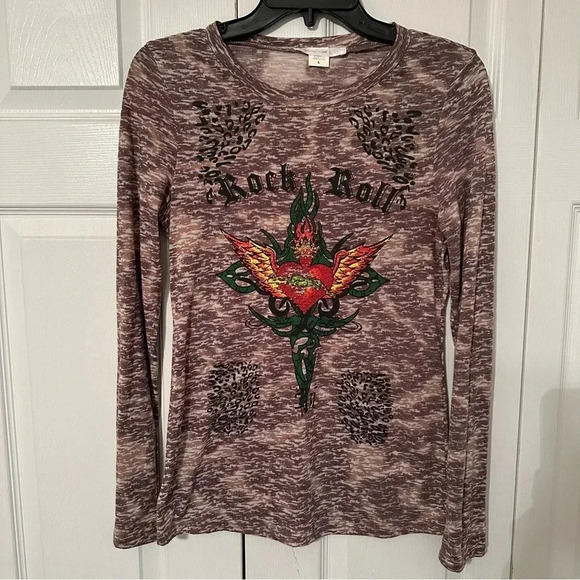 Layered With Love Brown Embellished Y2K Grunge Rock Roll Heart LS Tee Size Large - Picture 1 of 10